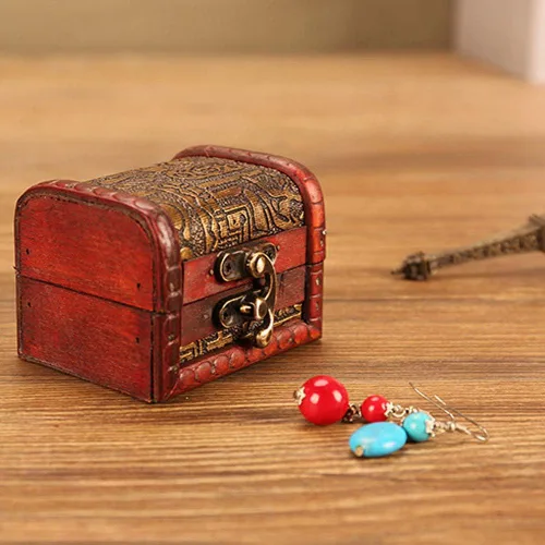 Vista 3 de OBTANIM Cajas de joyería pequeñas vintage, caja de almacenamiento de madera hecha a mano de 3 pulgadas con cerradura de metal, caja de regalo