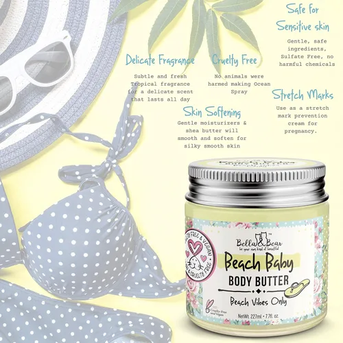 Vista 7 de Bella and Bear Beach Baby Body Butter - Crema hidratante de karité para mujeres, vegana, sin crueldad ni aceite, ayuda a prevenir las estrías