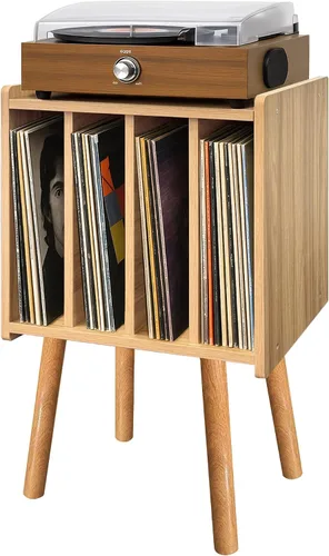 Vista 8 de Soporte para tocadiscos, mesa de almacenamiento de discos de vinilo con 4 gabinetes, soporte giratorio moderno de mediados de siglo, mesa