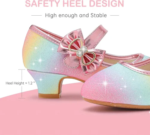 Vista 6 de Dufannie Zapatos de vestir para niñas, zapatos de tacón bajo de princesa, zapatos planos con purpurina para bodas y fiestas