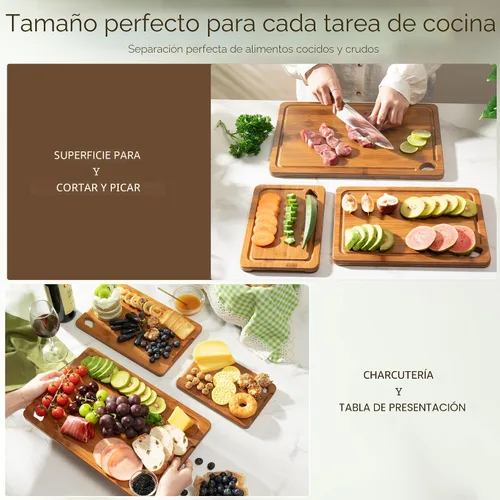 Vista 2 de Astercook Tablas de cortar de bambú carbonizado profundo para cocina con soporte de almacenamiento de madera, charcutería reversible y tablas