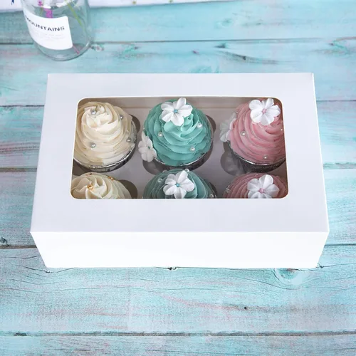 Vista 2 de ONE MORE Cajas para cupcakes con insertos para 6 soportes, cajas grandes de panadería estándar blancas de 9.5 x 6.3 x 3 pulgadas con ventana