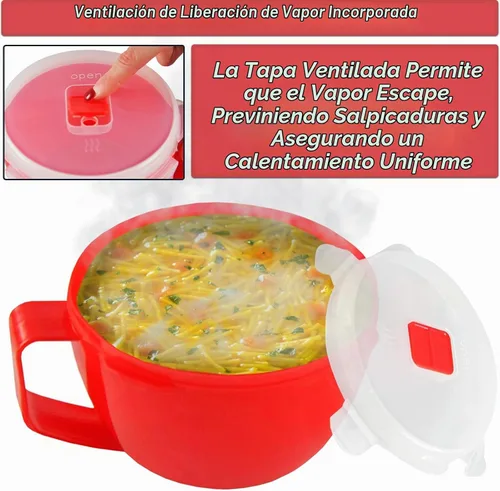 Vista 5 de Home-X Juego de 2 cuencos para microondas con tapa, tazón de ramen apto para microondas con ventilación de liberación de vapor y clips de fácil