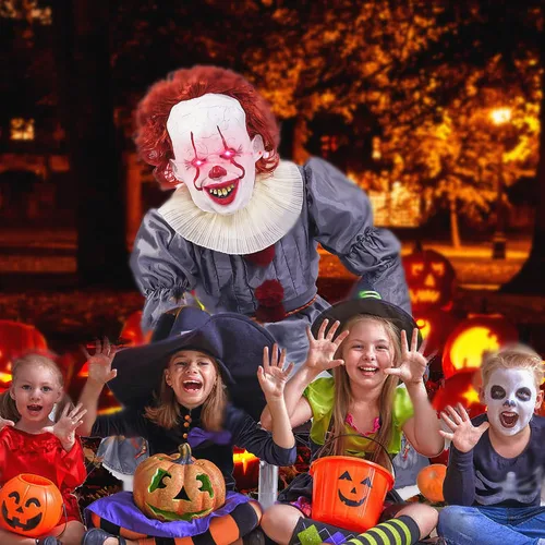 Vista 4 de Disfraz de payaso IT para adultos con máscara de látex y globos juego de lujo para Halloween