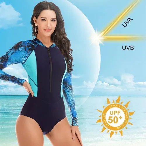 Vista 2 de Womens Rash Guard Long Sleeve Bathing Suit - Zip Front One Piece Swimsuit with Tummy Control Built in Bra UPF 50