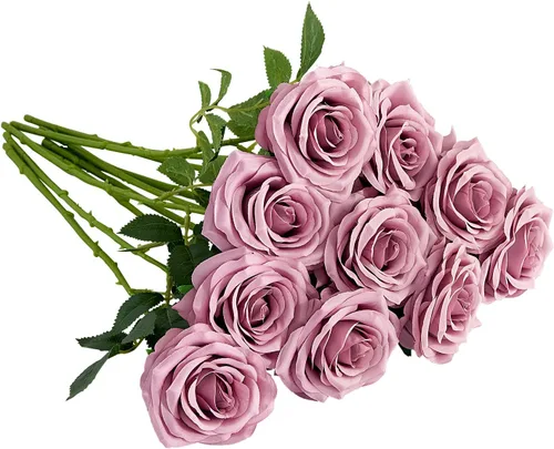 Vista 18 de 10 rosas artificiales abiertas, tallos de rosas artificiales para arreglos de boda, ramo de novia, centro de mesa, flores de seda sintética falsas