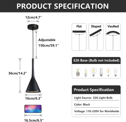 Vista 2 de KCO Lighting Farmhouse - Lámpara colgante de cono negro de 1 luz, pequeña lámpara colgante industrial para isla de cocina, luminaria colgante