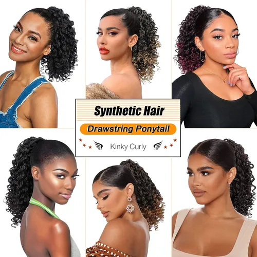 Vista 6 de PEACOCO Extensión de cola de caballo rizada con cordón para mujeres negras - Cola de caballo de 6 pulgadas con clip, postizo sintético de afro corto