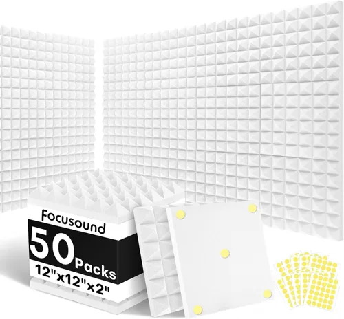 Vista 13 de Paneles acústicos, paquete de 24 unidades de 2 x 12 x 12 pulgadas con 120 adhesivos de doble cara, espuma piramidal a prueba de sonido para paredes