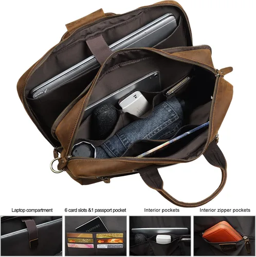 Vista 4 de TIDING Mochila de cuero para laptop de 15.6 pulgadas, maletín convertible de negocios, bolso bandolera de hombro, color marrón