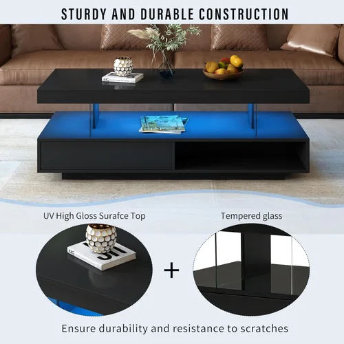 Vista 4 de Polibi Mesa de centro LED con almacenamiento, mesa central moderna con 2 cajones y estantes de exhibición, muebles decorativos con luces LED