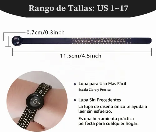 Vista 2 de Herramienta de medición de tamaño de anillo JRONGHE Cinta métrica reutilizable de tamaño de dedo con vidrio ampliado, herramienta