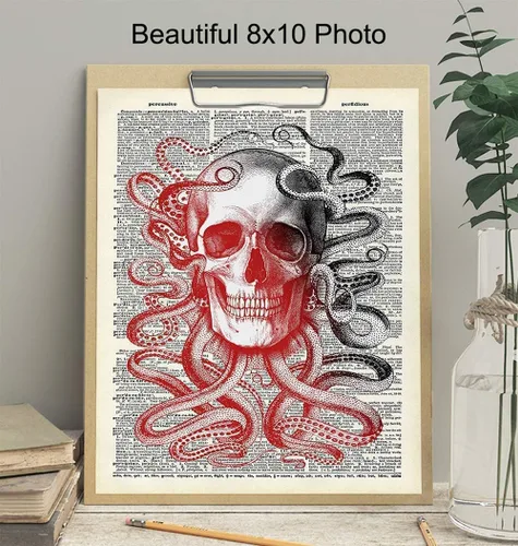 Vista 3 de Arte de diccionario de pulpo de calavera – Póster de arte de pared de 8 x 10 pulgadas, regalo único y asequible, decoración elegante steampunk