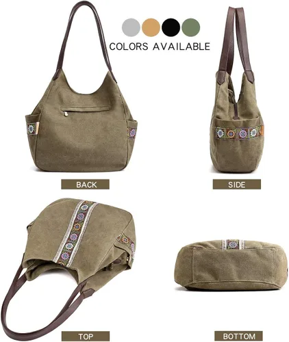 Vista 6 de Worldlyda Women Canvas Hobo Purse Multi Pocket Tote Shopper Shoulder Bag Casual Top Handle handbag with Embroidery Ethnic