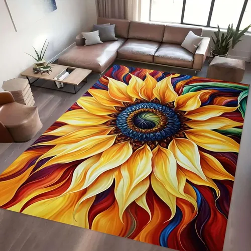 Vista 7 de Alfombra hippie de girasol, 3 x 4 pies, alfombra floral abstracta, alfombra multicolor brillante, antideslizante, fácil de limpiar, para entrada