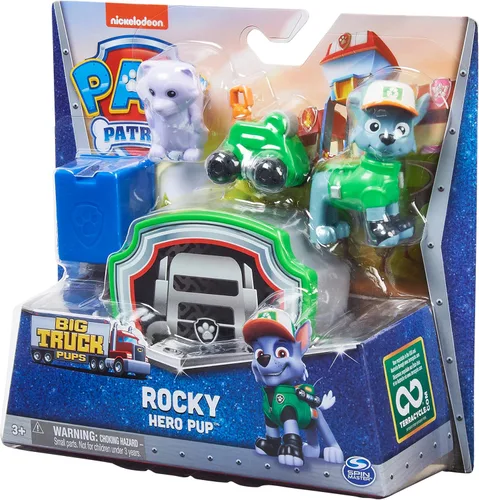 Vista 9 de PAW Patrol Big Truck Pups - Figura de acción Rocky con dron de rescate con plataforma central de comando de montaje en clic y amigo animal