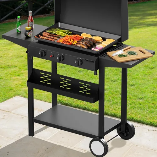 Vista 6 de SKOK Parrilla de gas de 3 quemadores con campana, parrilla de propano para exteriores de 25.6 pulgadas, parrilla de gas portátil con parte superior