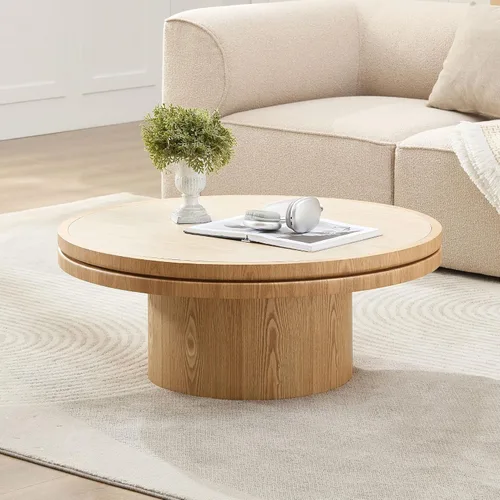 Vista 31 de Mesa de centro redonda de madera de 31.49 pulgadas con almacenamiento, mesa de centro circular acanalada de 2 niveles con tapa y estante para sala