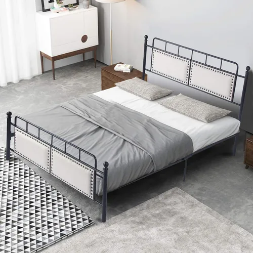 Vista 8 de LUCKYERMORE Base de cama de plataforma Queen de 12 pulgadas con cabecera beige, marco de cama de metal resistente con almacenamiento debajo