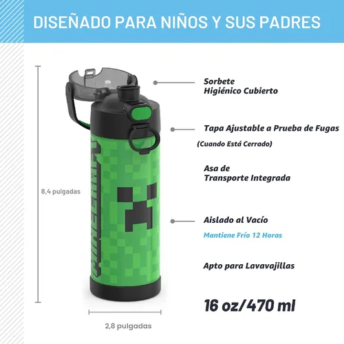 Vista 2 de THERMOS FUNTAINER Botella aislada al vacío de acero inoxidable de 16 onzas con tapa ancha de canalón, MINECRAFT
