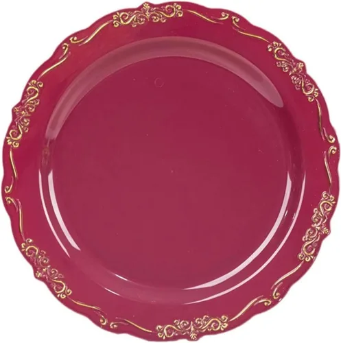 Vista 6 de Efavormart - Paquete de 10 platos desechables de 7 pulgadas transparentes con borde vintage burdeos, elegantes platos de postre de plástico