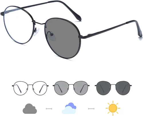 Vista 2 de LJCZKA Round Blue Light Blocking Photochromic Glasses for Women Men Classic Mental Frame Computer Glasses Negro