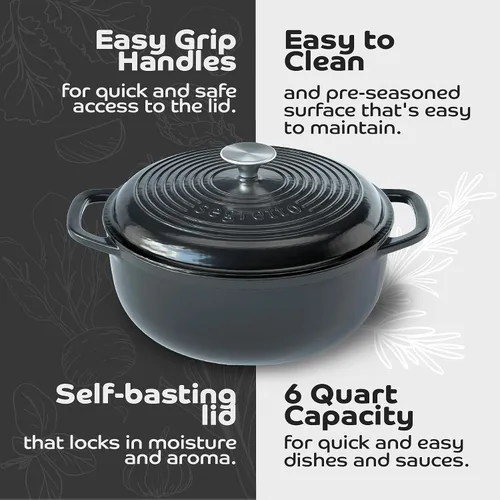 Vista 6 de Segretto Cookware Horno Holandés de Hierro Fundido Esmaltado, 6 Cuartos, Negro negro (Nero)