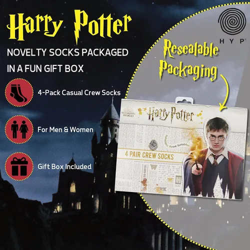 Vista 2 de Hyp Calcetines Harry Potter para hombre y mujer, calcetines con las casas de Hogwarts, caja de regalo, paquete de 4 calcetines casuales, Harry Potter