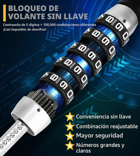 Vista 3 de Tevlaphee Bloqueo de Volante, Bloqueo de Coche Antirrobo Sin Llave Extensible Retráctil con Contraseña, Bloqueo de Combinación Codificado de 5 Negro