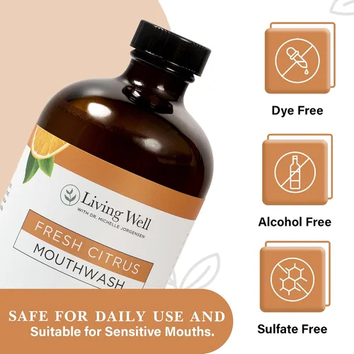 Vista 4 de Enjuague bucal remineralizante de cítricos frescos Living Well con la Dra. Michelle Fórmula de hidroxiapatita y plata coloidal Enjuague bucal