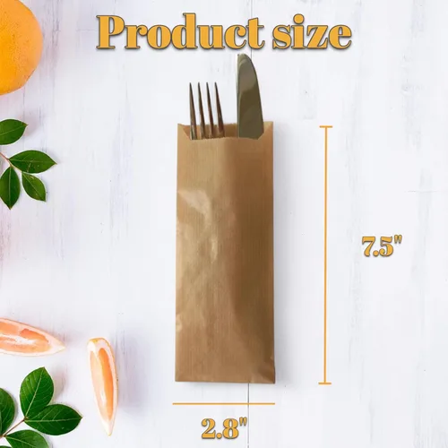 Vista 2 de Bolsas de papel kraft para cubiertos – Soportes para utensilios de bricolaje para ensayo de boda, cena o barbacoa de compromiso, bolsa de cubiertos