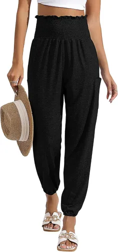 Vista 4 de Locoowai 2 piezas de pantalones de harén para mujer, pantalones de yoga con cintura fruncida, pantalones hippie, ropa bohemia con bolsillos