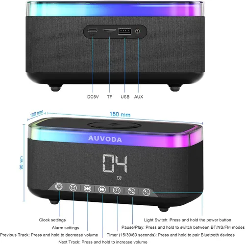 Vista 9 de Altavoz Bluetooth S300, altavoz portátil con carga inalámbrica de 15 W, luz nocturna de 13 colores, alarma, ruido blanco, radio, estéreo de 16 W
