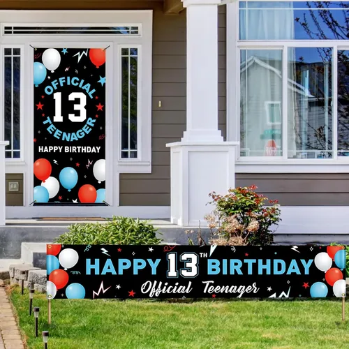 Vista 6 de Kit de decoración de pancarta de fondo de cumpleaños de 13 años, decoración de feliz cumpleaños número 13 para niños y niñas, suministros oficiales