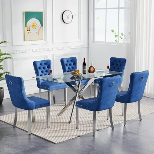 Vista 18 de Juego de mesa de comedor de cristal para cocina de 4, 5 piezas, mesa de comedor rectangular de 51 pulgadas con 4 sillas de cocina de terciopelo