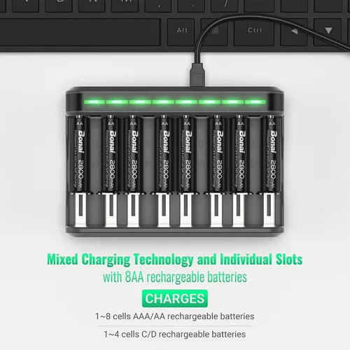 Vista 2 de BONAI Baterías recargables AA 2800mAh 8pack con cargador inteligente para AA AAA C D NiMH batería