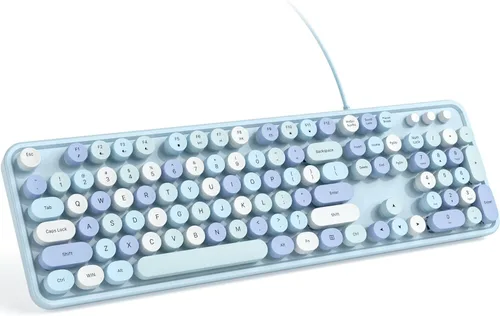 Vista 10 de KNOWSQT - Teclado de computadora con cable, color púrpura, retro, tamaño completo, tapa de tecla redonda, lindo, para enchufar y usar, para Windows