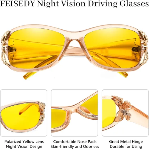 Vista 4 de FEISEDY Gafas polarizadas de visión nocturna para mujer, lente amarilla antirreflejos, protección UV, B0103
