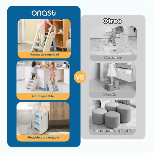 Vista 6 de Onasti Taburete plegable para niños pequeños para lavabo de baño, taburete ajustable de 3 pasos para niños, taburete de entrenamiento para orinal