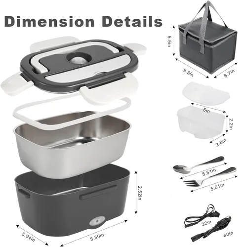 Vista 7 de SOHIDA Fiambrera eléctrica, calentador de alimentos portátil de 12 V/24 V/110 V con tenedor SS y cuchara para coche/camión/oficina, lonchera
