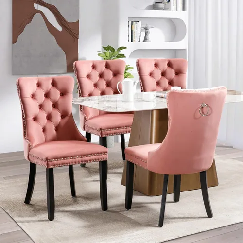 Vista 63 de SoarFlash Juego de 2 sillas de comedor de terciopelo, silla lateral de respaldo alto, silla lateral moderna tapizada de alta gama con botones Beige