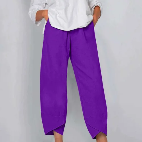 Vista 2 de Pantalones capri de lino para mujer, pantalones casuales de verano, pantalones elegantes recortados, cintura elástica, pantalones cónicos