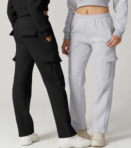 Vista 5 de QINSEN Pantalones deportivos holgados de cintura media para mujer, pantalones largos de forro polar con bolsillos