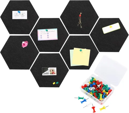 Vista 8 de Ctosree 12 tableros de anuncios de fieltro de 5.9 x 7 pulgadas, tableros de fieltro hexagonal, tira de corcho autoadhesiva con 50 pasadores