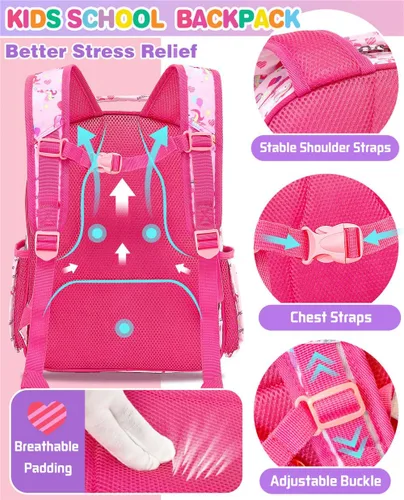 Vista 2 de Mochila para niños y niñas, mochila ligera para niños y niñas, preescolar, primaria, jardín de infantes, Niñas-unicornio rosa, 7L