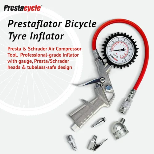 Vista 2 de Prestaflator - Inflador de neumáticos para bicicleta, herramienta de compresor de aire Presta & Schrader, funciona con neumáticos sin cámara