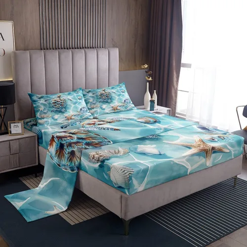 Vista 16 de Erosebridal Juego de sábanas de ballena náutica, tamaño individual, juego de ropa de cama vintage azul con ondas oceánicas para niños y niñas