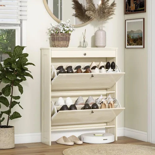 Vista 13 de Entrada de almacenamiento de zapatos con 2 cajones abatibles, armario Grano blanco+madera