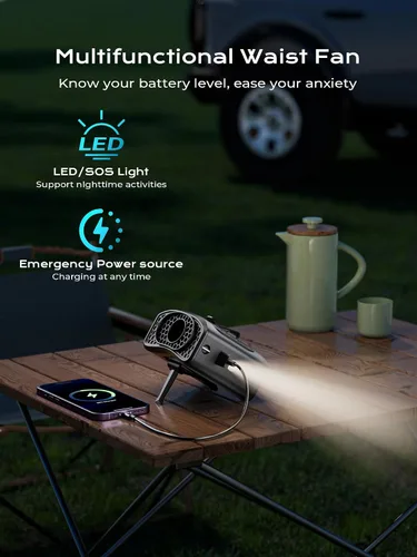 Vista 5 de Ventilador de cintura portátil con clip, 4 velocidades, 13000 rpm, fuerte flujo de aire con batería de 10000 mAh y carga móvil, ventilador de camisa