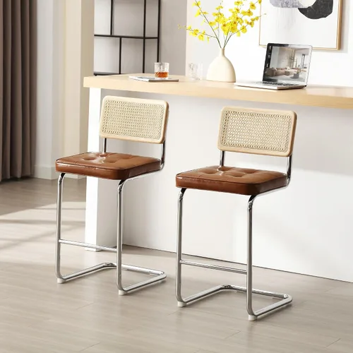Vista 7 de ONEVOG Juego de 3 taburetes de bar de 26 pulgadas de altura de mostrador para cocina, modernas sillas tapizadas de ratán de mediados de siglo